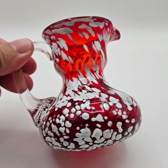 Pilgrim Glass Mini Pitcher Red Cranberry White Splatter Handle Spout Vintage - Picture 6 of 10
